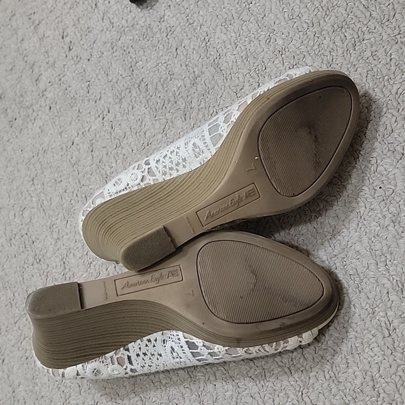 American eagle Women Wood Wedge Ivory Lace Open Toe Slide on Shoe Wedge Size 7 - Picture 4 of 9